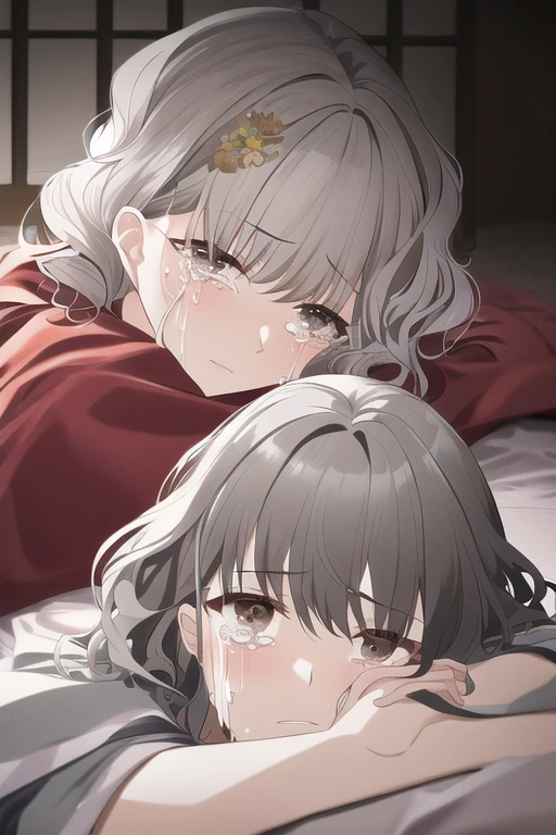 [NovelAI] berbaring telentang rambut sedang rambut bergelombang hiasan rambut menangis wanita paruh baya Karya masterpiece kimono [Ilustrasi]